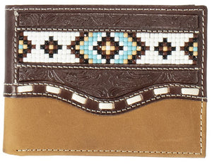 "Nocona" Western  Leather Brown Bi-Fold Wallet with Beaded Inlay
