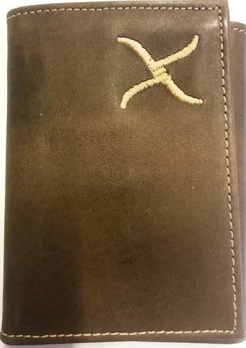 Twisted-X Western Brown Leather Tri-Fold Wallet with Gold Embroidered Logo