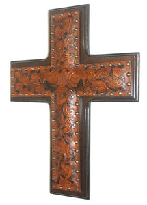 (NWC1) Western Bronze Leather Cross on Wood