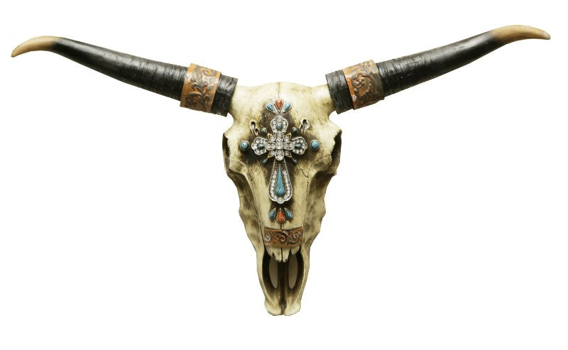 Cow Skull with Diamond Cross Wall Plaque - 36.5