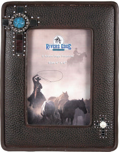 (RE1050) Faux Leather Western Photo Frame with Cross - 4" x 6"