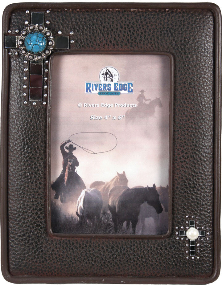 (RE1050) Faux Leather Western Photo Frame with Cross - 4