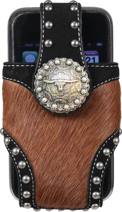 (RE1843) Western Horse Hair Cell Phone Holder with Longhorn Concho