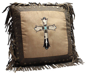 (RWBA9186P2) Western Cowhide Cross Accent Pillow with Turquoise Stone