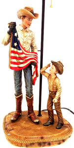 (RWRA1371) Western Cowboy & Son with US Flag Table Lamp