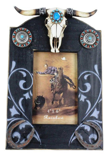 (RWRA4292) Western Photo Frame with Longhorn Skull, Horseshoes and Conchos