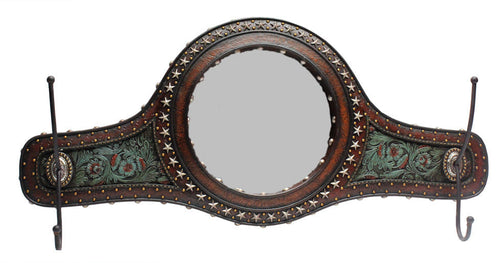 (RWRA4300) Western Turquoise Tooled Wall Mirror with Hooks