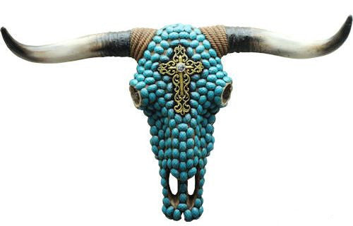 (RWRA6316) Western Turquoise Faux Cow Skull with Cross