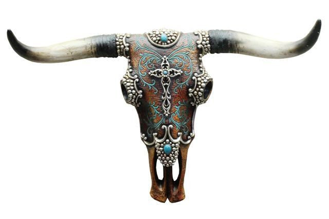 (RWRA6317) Western Leather Look Longhorn Skull with Turquoise & Cross