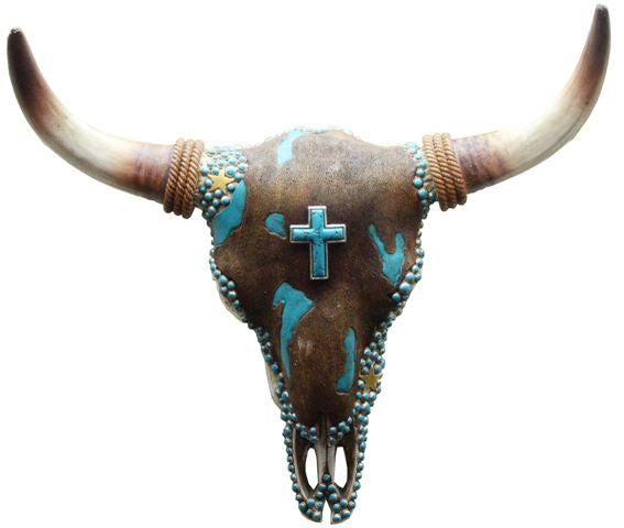 (RWRA6537) Western Faux Cowhide & Turquoise Cowskull with Cross