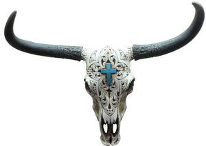 (RWRA6541) Western Cowskull Reproduction with Turquoise Cross