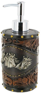 (RWRA8889) "Horses" Western Tooled Leather Look Soap/Lotion Dispenser
