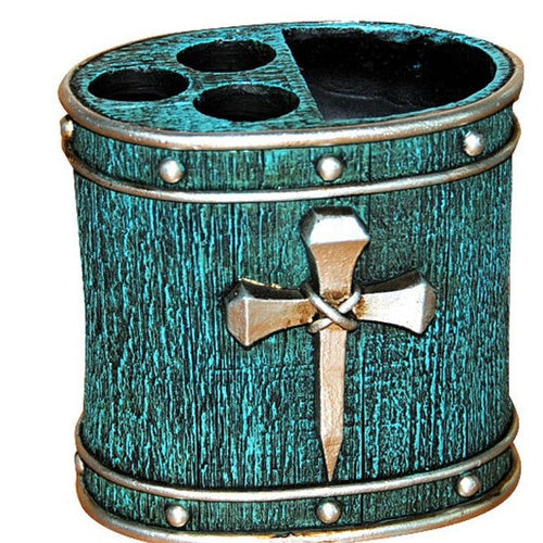 (MWRSM1989) Western Silver Nail Cross Turquoise Tootbrush Holder