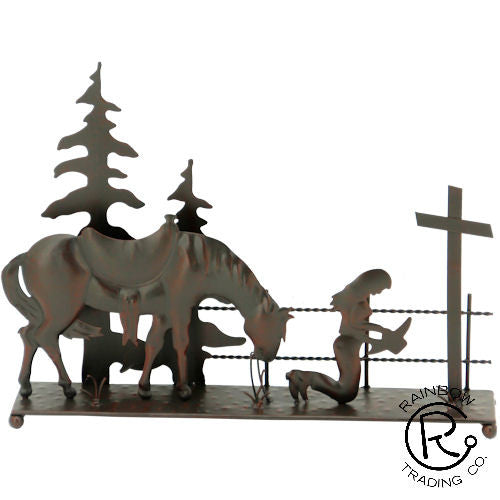 (RWRT5187) Western Metal Free Standing Praying Cowgirl Figurine
