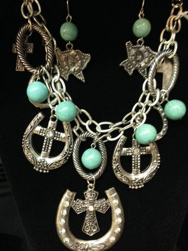 (RWSA12236) Western Horseshoes and Crosses Necklace with Texas Earrings