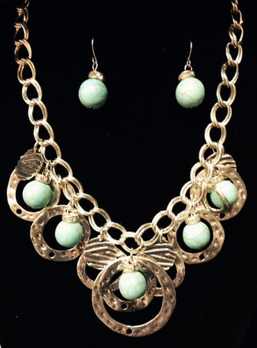 (RWSA12273) Western Hoops Silver Necklace with Turquoise Colored Stones and Earrings