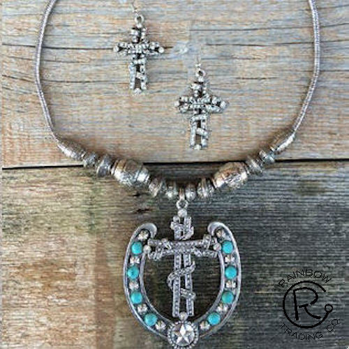 (RWSA12285) Western Silver & Turquoise Horseshoe Cross Necklace and Earrings