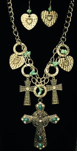 (RWSA12365) Western Silver & Turquoise Triple Cross Necklace and Earrings