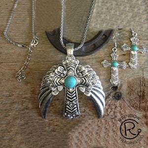 Western Silver Turquoise Winged Cross Necklace and Earrings