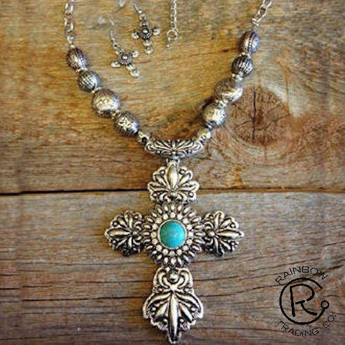 (RWSA12525) Western Silver & Turquoise Cross Necklace and Matching Earrings