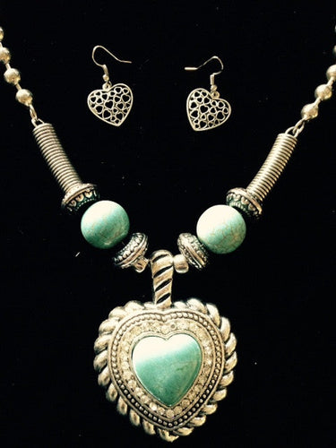 (RWSA12529) Western Silver & Turquoise Heart Necklace with Heart Earrings
