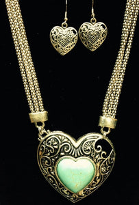 (RWSA12531) Western Turquoise & Silver Heart Necklace with Matching Earrings