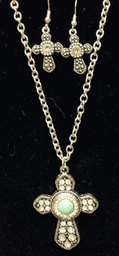 (RWSA12614) Western Silver & Turquoise Cross Necklace and Matching Earrings