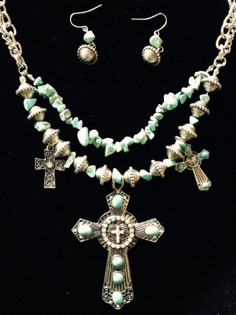 (RWSA15032) Western Turquoise & Silver Cross Necklace with Earrings