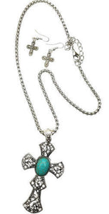 (RWSA15588) Western Silver & Turquoise Cross Necklace and Earrings