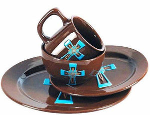 (RWSA9126) Western Turquoise Cross & Chocolate 16-Piece Dinnerware Set