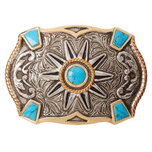 Load image into Gallery viewer, Western Rowel Silver &amp; Gold Belt Buckle with Turquoise Stones