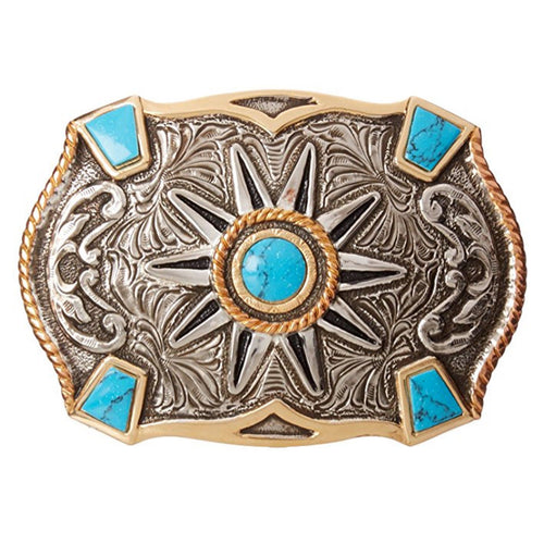 Western Rowel Silver & Gold Belt Buckle with Turquoise Stones