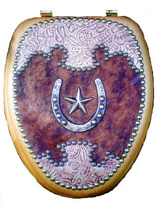 (SCS-AVWS4) Western Cowhide & Tooled Leather Toilet Seat with Horseshoe & Star