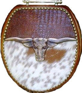 (SCS-COWX3) Cowboy Cowhide Western Decor Longhorn Leather Toilet Seat