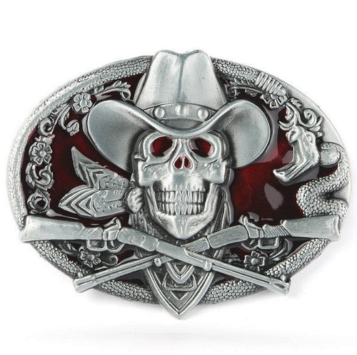 Cowboy Skull Metal Belt Buckle - Red