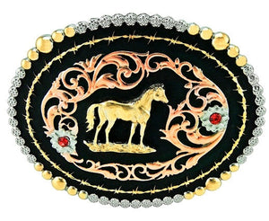 (TBB2000SH) Western Tri-Color Oval Belt Buckle - Standing Horse