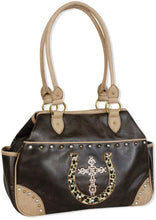 Load image into Gallery viewer, (TD1002244) &quot;Lucky Leopard&quot; Western Faux Leather Satchel with Cross &amp; Horseshoe by Cowgirl Up