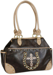 (TD1002244) "Lucky Leopard" Western Faux Leather Satchel with Cross & Horseshoe by Cowgirl Up