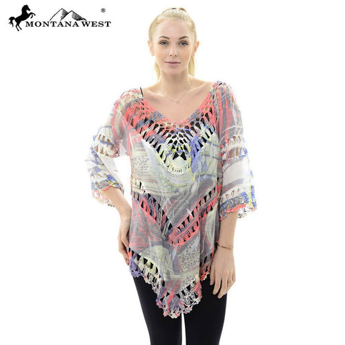 Tie Dyed Print Crochet Top - Coral