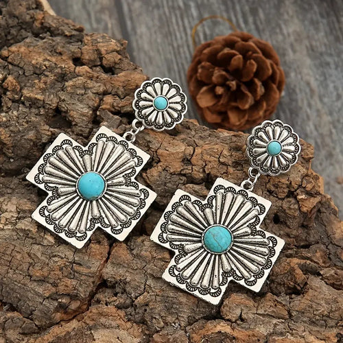 Cross Design Flower Pattern With Turquoise Decor Retro Boho Dangle Earrings