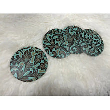 Load image into Gallery viewer, Western Floral Turquoise Leather Coaster - 4.25&quot;