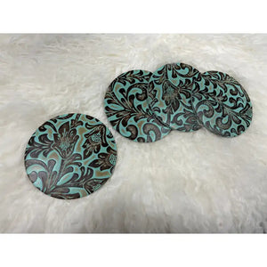 Western Floral Turquoise Leather Coaster - 4.25"