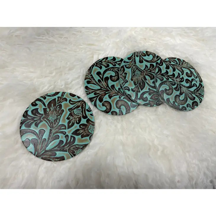 Western Floral Turquoise Leather Coaster - 4.25
