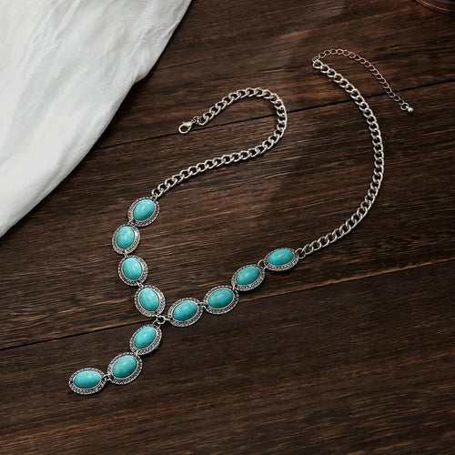 Vintage Western Style Inlaid Turquoise Y-Shaped Pendant Necklace