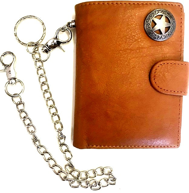 Western Leather Tri-Fold Wallet with Texas Star Concho & Chain