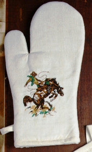 (WCOM-BR) "Bronco Buster" Western 100% Cotton Embroidered Oven Mitt - 2-Piece Set - Pair