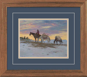 "The Pass" Elk Hunter with Pack - Horses Small Framed Art Print