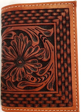 Load image into Gallery viewer, Western Tan Tooled &amp; Basketweave Tri-Fold Wallet
