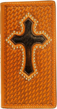 Load image into Gallery viewer, (WFAC274) Western Tan Leather Basketweave Wallet/Checkbook Cover with Hair-On Cross