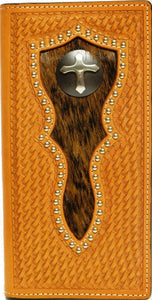 (WFAC285C) Western Tan Rodeo Wallet/Checkbook Cover with Hair-On and Cross Concho